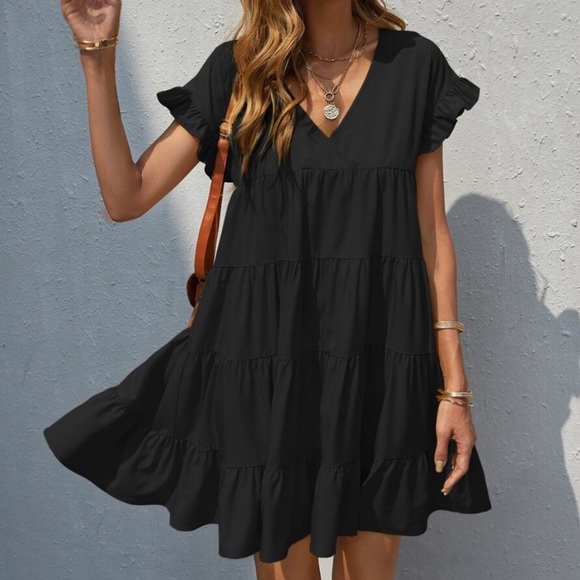 Boho v neck ruffle sleeve smock mini dress - Picture 2 of 16